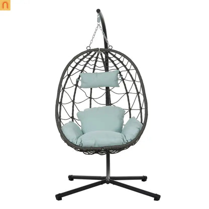 Outdoor Hanging Egg Chair Wicker Gray with Stand Foldable 76.8in
