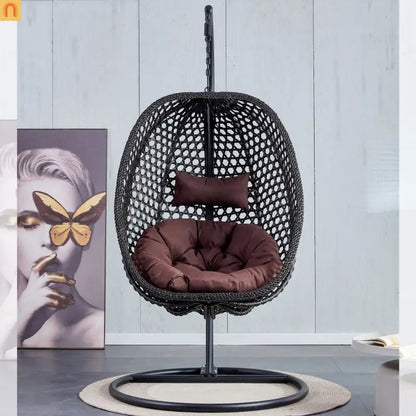 Outdoor Hanging Egg Swing Chair Wicker Black with Stand 79in