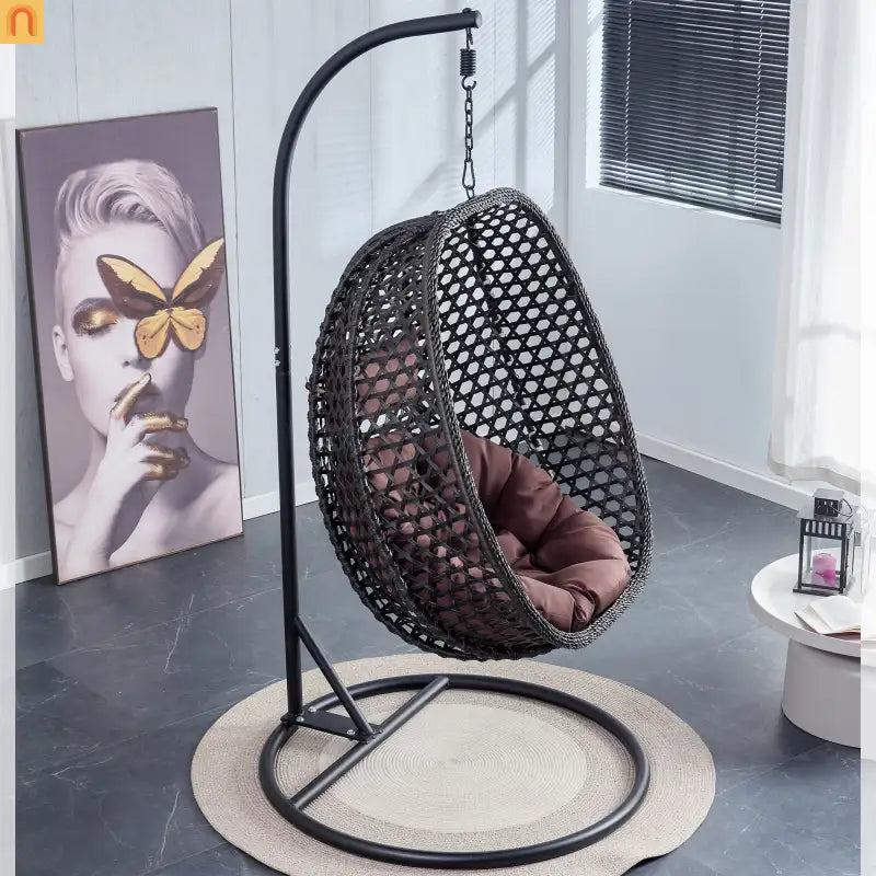 Outdoor Hanging Egg Swing Chair Wicker Black with Stand 79in