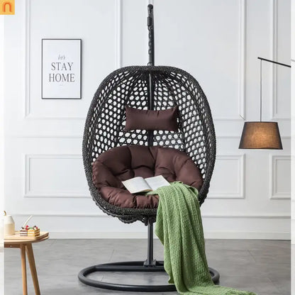 Outdoor Hanging Egg Swing Chair Wicker Black with Stand 79in
