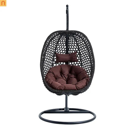 Outdoor Hanging Egg Swing Chair Wicker Black with Stand 79in