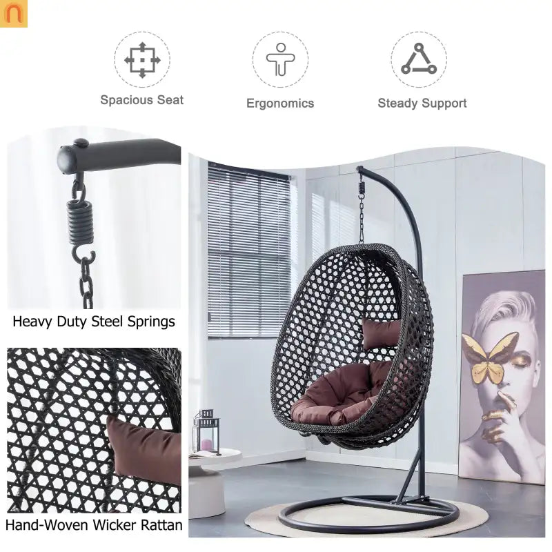 Outdoor Hanging Egg Swing Chair Wicker Black with Stand 79in