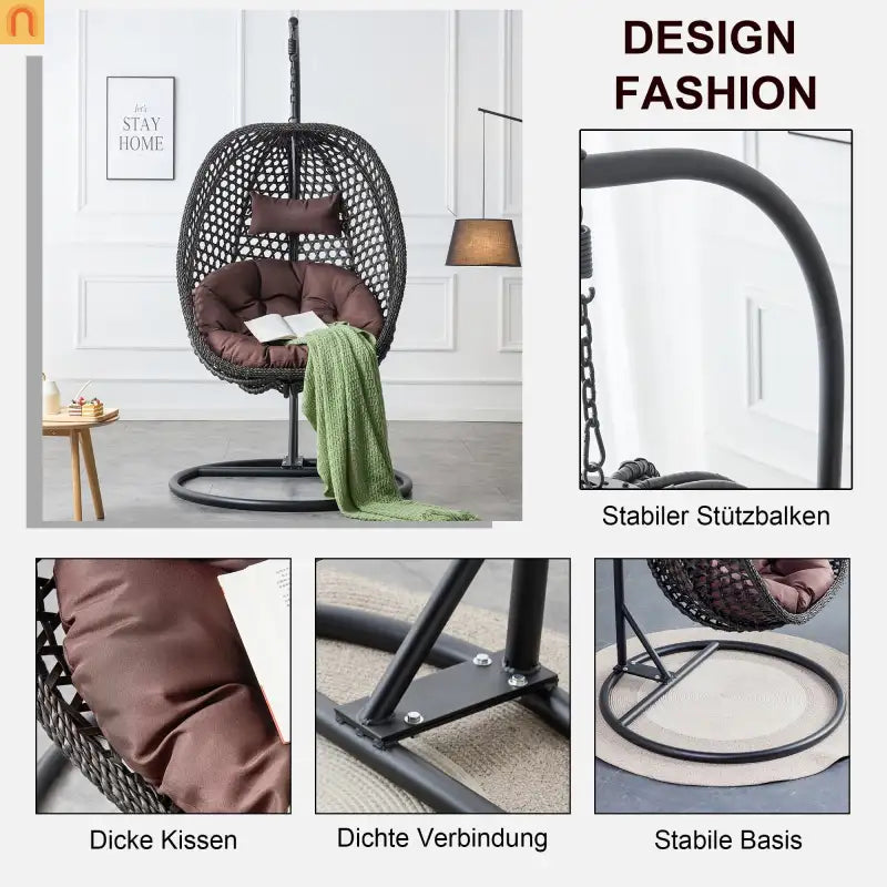 Outdoor Hanging Egg Swing Chair Wicker Black with Stand 79in