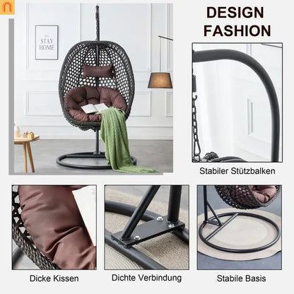 Outdoor Hanging Egg Swing Chair Wicker Black with Stand 79in