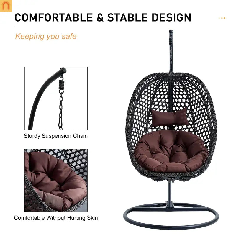 Outdoor Hanging Egg Swing Chair Wicker Black with Stand 79in