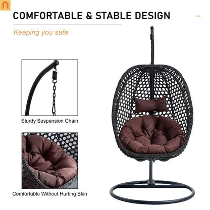 Outdoor Hanging Egg Swing Chair Wicker Black with Stand 79in