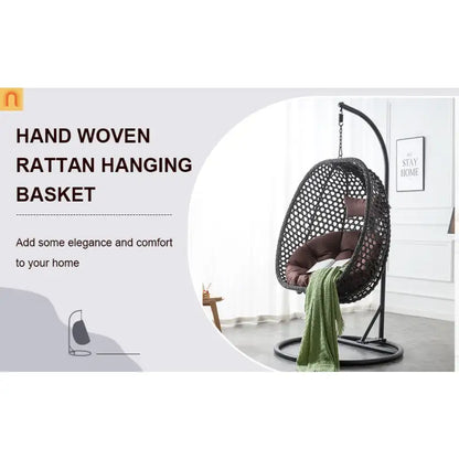 Outdoor Hanging Egg Swing Chair Wicker Black with Stand 79in