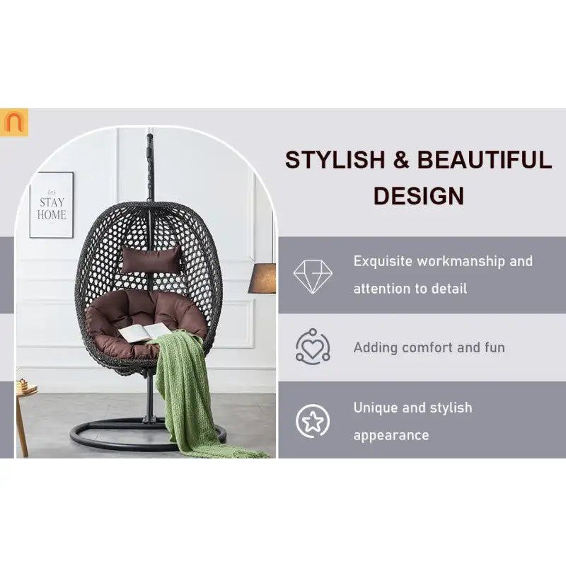 Outdoor Hanging Egg Swing Chair Wicker Black with Stand 79in