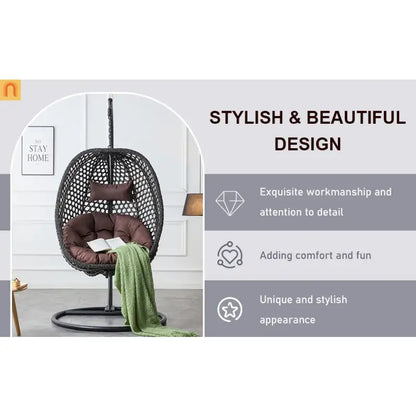 Outdoor Hanging Egg Swing Chair Wicker Black with Stand 79in