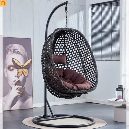 Outdoor Hanging Egg Swing Chair Wicker Black with Stand 79in