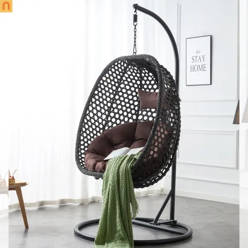 Outdoor Hanging Egg Swing Chair Wicker Black with Stand 79in