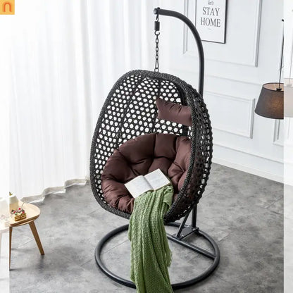 Outdoor Hanging Egg Swing Chair Wicker Black with Stand 79in