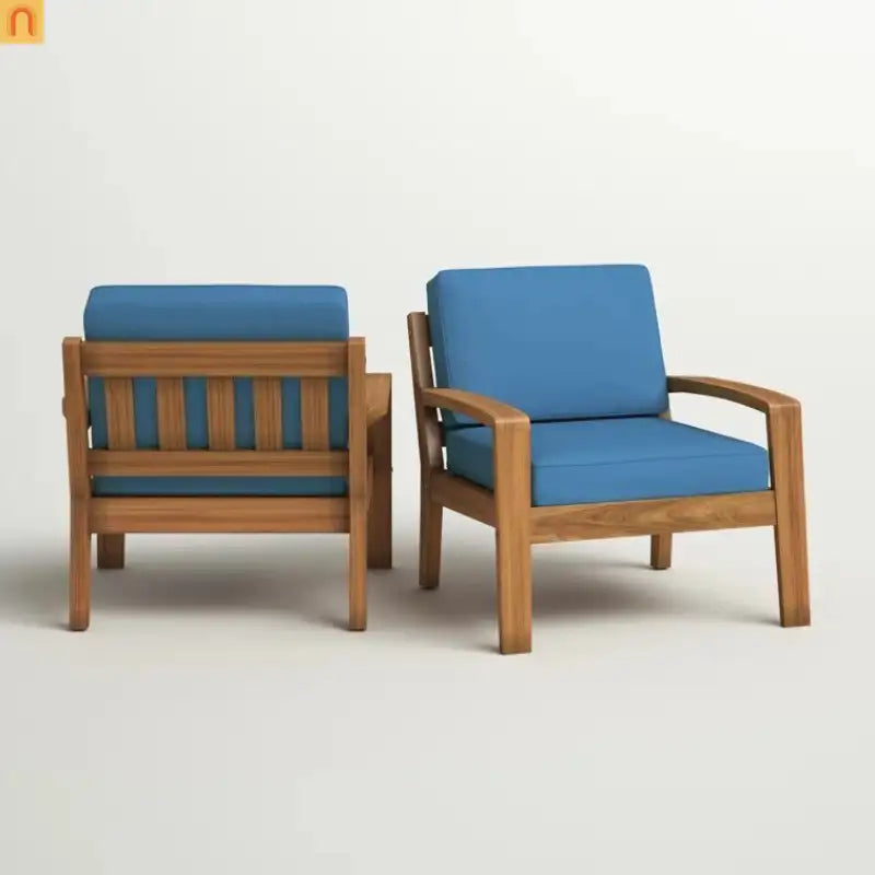 Outdoor Club Chair Acacia Wood Blue Water Resistant Cushion