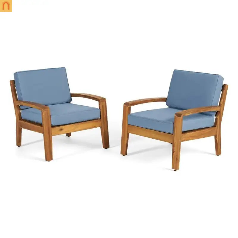 Outdoor Club Chair Acacia Wood Blue Water Resistant Cushion