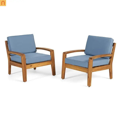 Outdoor Club Chair Acacia Wood Blue Water Resistant Cushion