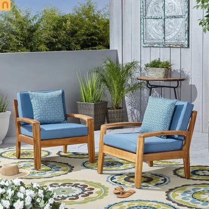 Outdoor Club Chair Acacia Wood Blue Water Resistant Cushion