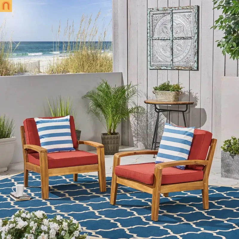 Outdoor Acacia Wood Club Chair Set of 2 with Red Cushions