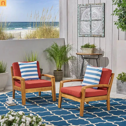 Outdoor Acacia Wood Club Chair Set of 2 with Red Cushions