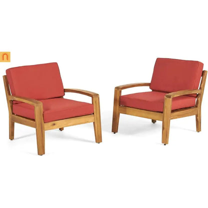 Outdoor Acacia Wood Club Chair Set of 2 with Red Cushions