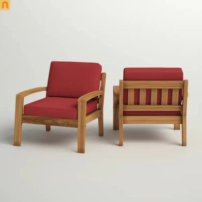 Outdoor Acacia Wood Club Chair Set of 2 with Red Cushions