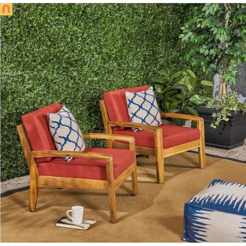 Outdoor Acacia Wood Club Chair Set of 2 with Red Cushions