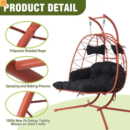 Outdoor Hanging Egg Chair Wicker Orange 2-Person 600 lb Cap