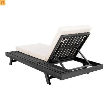 Chaise Lounge Acacia Wood Black Cream 4 Position Adjustable 79in
