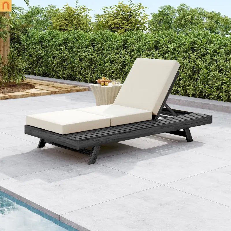 Chaise Lounge Acacia Wood Black Cream 4 Position Adjustable 79in