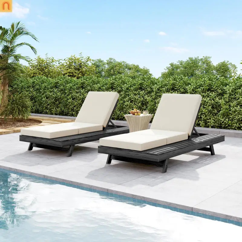 Chaise Lounge Acacia Wood Black Cream 4 Position Adjustable 79in