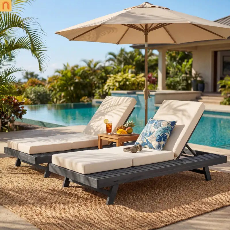Chaise Lounge Acacia Wood Black Cream 4 Position Adjustable 79in
