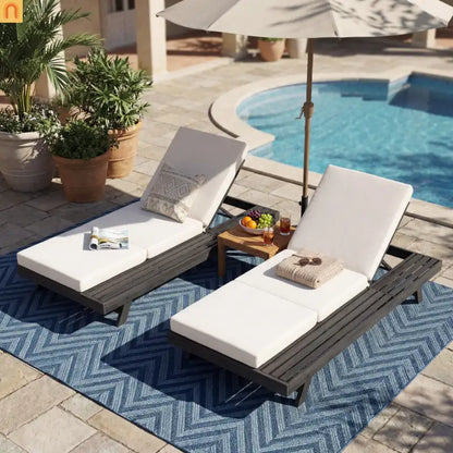 Chaise Lounge Acacia Wood Black Cream 4 Position Adjustable 79in