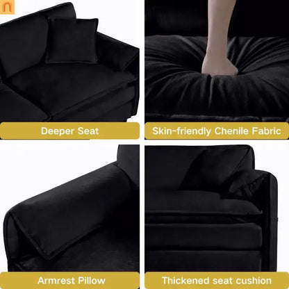 Accent Chair Deep Seat Chenille Black Square Arms Pillow