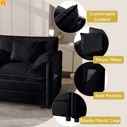 Accent Chair Deep Seat Chenille Black Square Arms Pillow