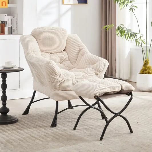 Accent Chair Lounge Flannelette White with Ottoman Steel Frame 250 lb