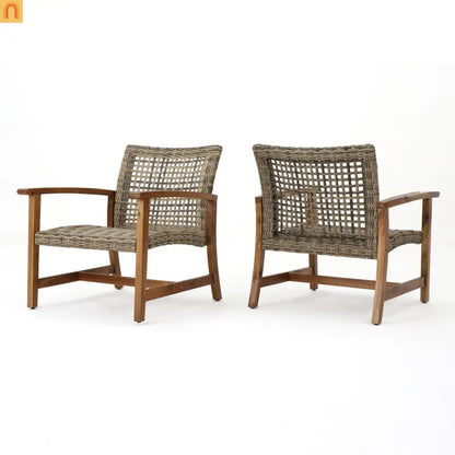 Outdoor Club Chair Set Acacia Wood Wicker Natural Gray Set of 2