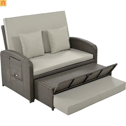 Outdoor Lounge Chair Rattan Gray 2-Person Adjustable