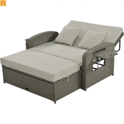 Outdoor Lounge Chair Rattan Gray 2-Person Adjustable