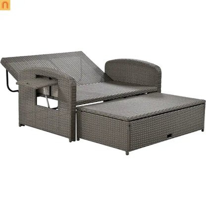 Outdoor Lounge Chair Rattan Gray 2-Person Adjustable