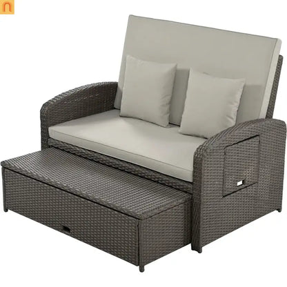 Outdoor Lounge Chair Rattan Gray 2-Person Adjustable
