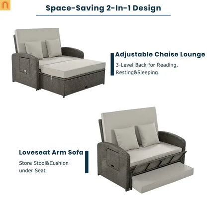 Outdoor Lounge Chair Rattan Gray 2-Person Adjustable