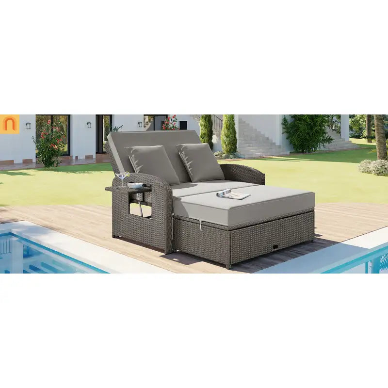 Outdoor Lounge Chair Rattan Gray 2-Person Adjustable