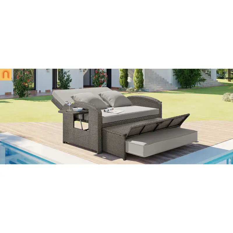 Outdoor Lounge Chair Rattan Gray 2-Person Adjustable