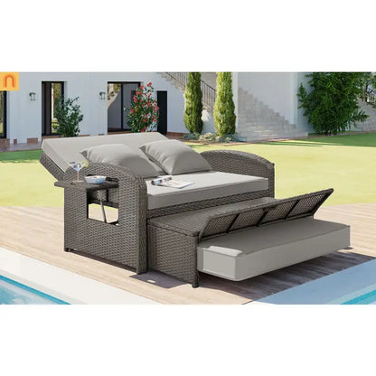 Outdoor Lounge Chair Rattan Gray 2-Person Adjustable