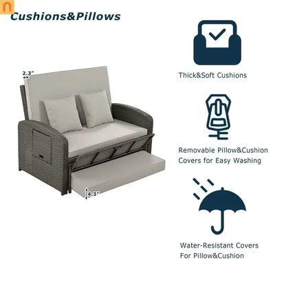 Outdoor Lounge Chair Rattan Gray 2-Person Adjustable
