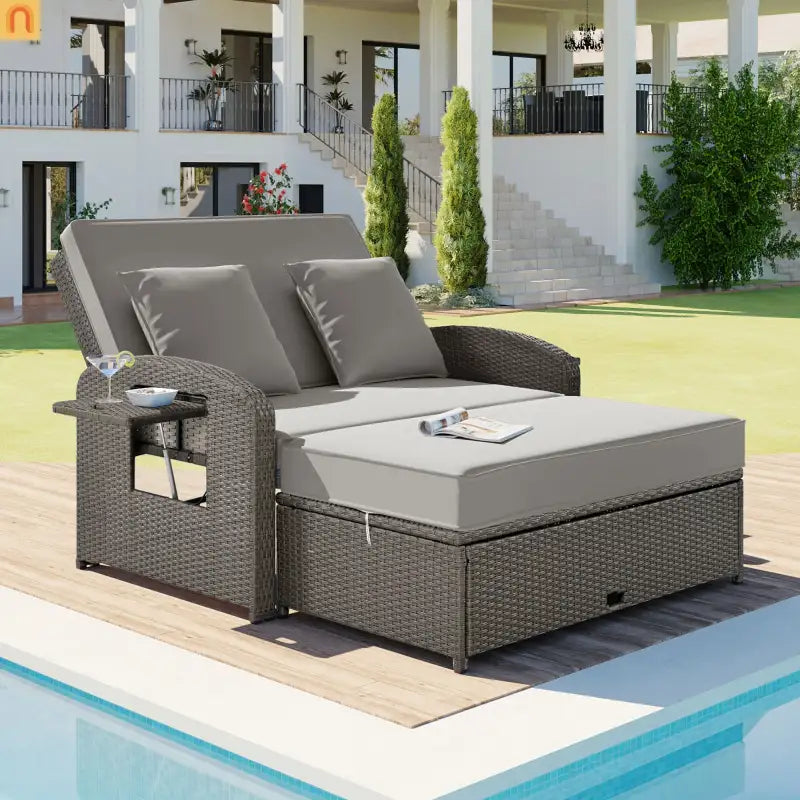 Outdoor Lounge Chair Rattan Gray 2-Person Adjustable