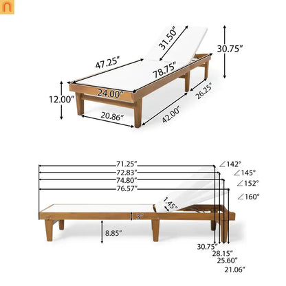Outdoor Chaise Lounge Acacia Wood Teak Mesh Seat Adjustable 78.75in