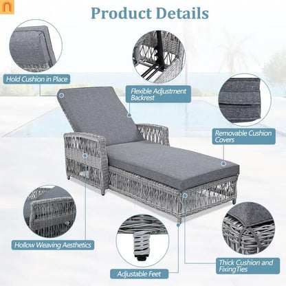 Chaise Lounge Wicker Gray 4-Position Adjustable Cushion 400 lb