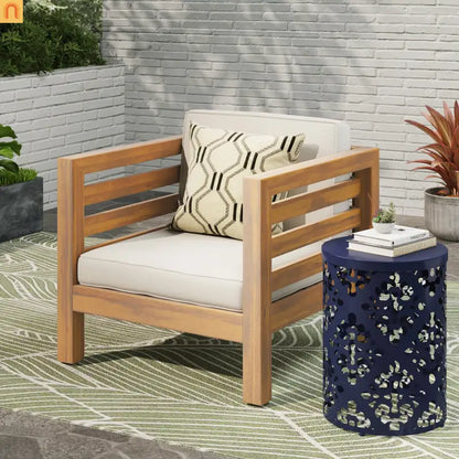 Outdoor Club Chair Acacia Wood Teak Beige Cushion 400 lb Cap