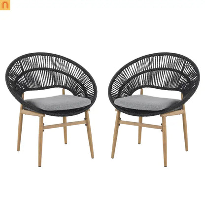 Outdoor Dining Chair PE Rattan Wicker Dark Gray Teak Legs Set of 2