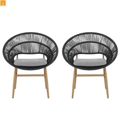 Outdoor Dining Chair PE Rattan Wicker Dark Gray Teak Legs Set of 2